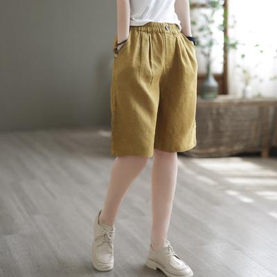 Dammode Shorts Vida Ben Elastisk Midja Casual Byxor Enfärgade Lös Passform Knälånga Sportiga Shorts med Fickor