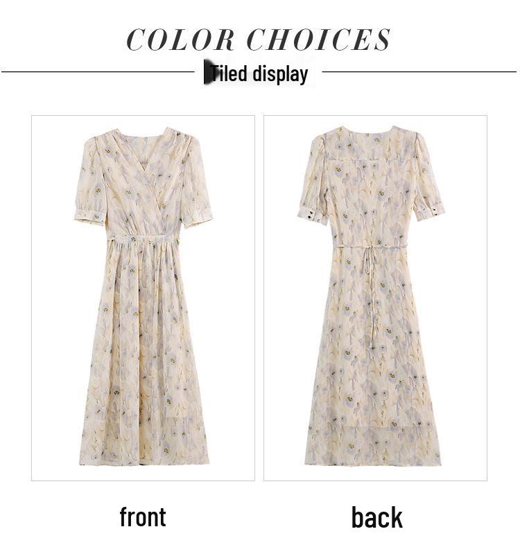 Gentle Floral Print V-Neck Summer Dress for Women - Elegant French Tea Break Style