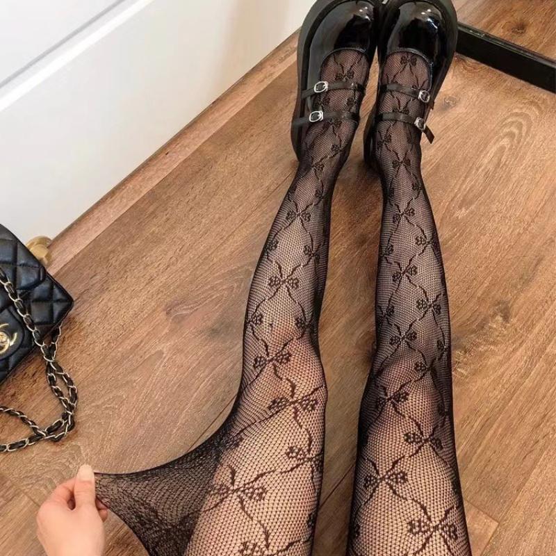 Nowe Kabaretki z Siateczką i Haftem na Wzór Kokardki Pończochy Damskie Seksowne z Kokardką Siatkowe Nylonowe Pończochy Modny Styl Punkowy Wycinane Pończochy