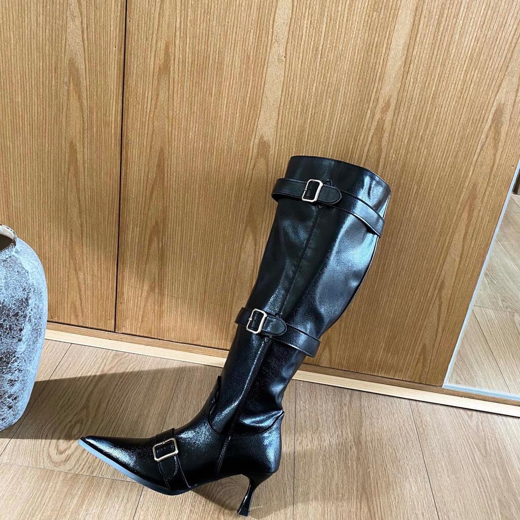 2025 autumn and winter new European and American style belt buckle pointed head thin heel high heel boots wide tube thin boots