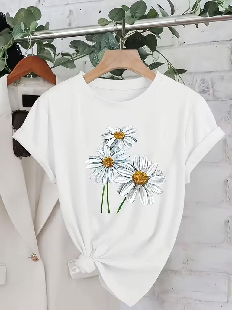 WomenS Casual DDaisy Print TShirt  Short Sleeve  White Daisies and Green Leaves Design Ladies T Shirts Daily Wear