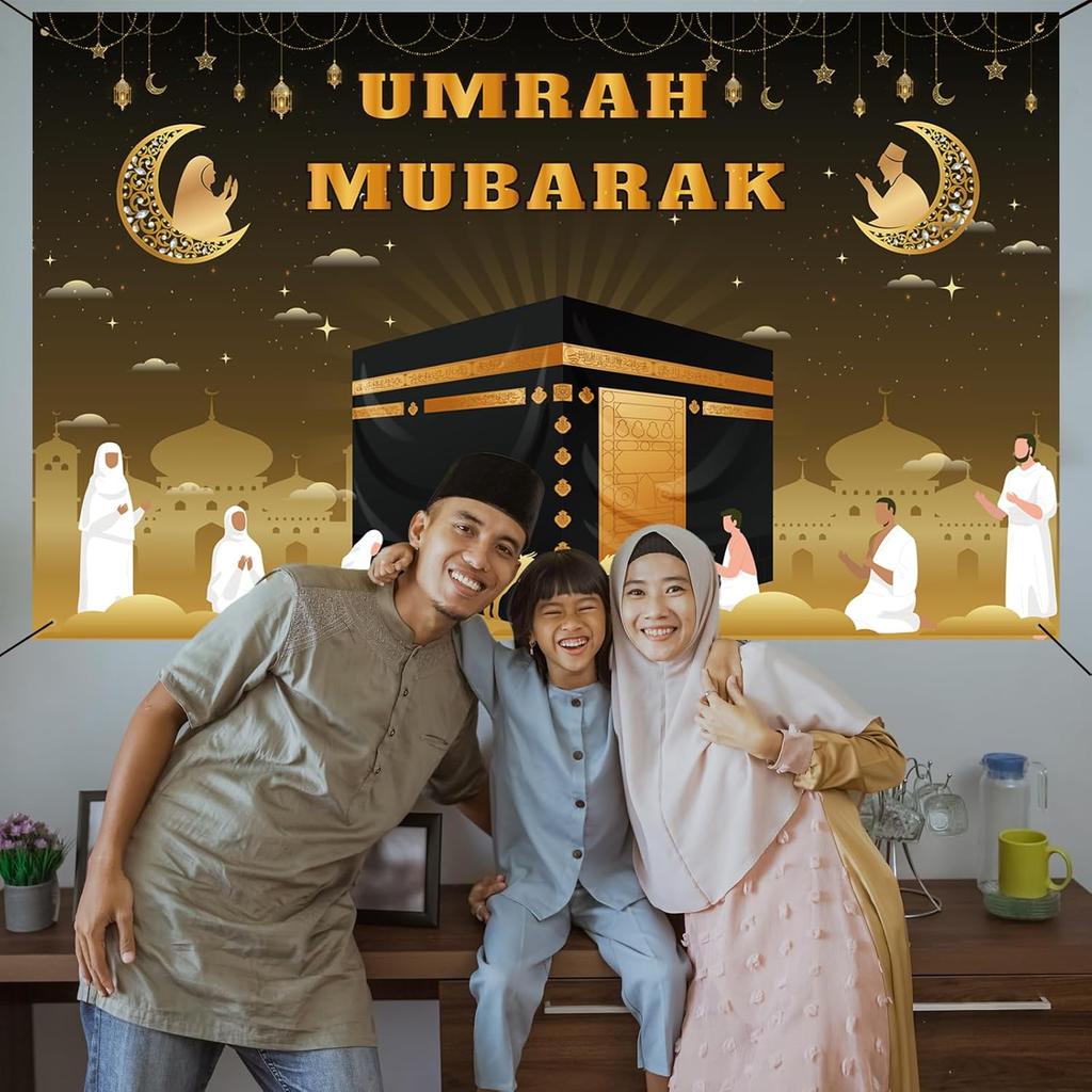 Umrah Mubarak Banner, 59×35 Inch Large Photo Booth Ramadan Mubarak Banner, Hajj Kaaba Background Ramadan Decorations for Home lslamic Muslim Eid