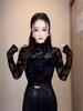 Fluffy Autumn/Winter French Stand Collar Lace Slimming Top with Flocking Sleeves for Women