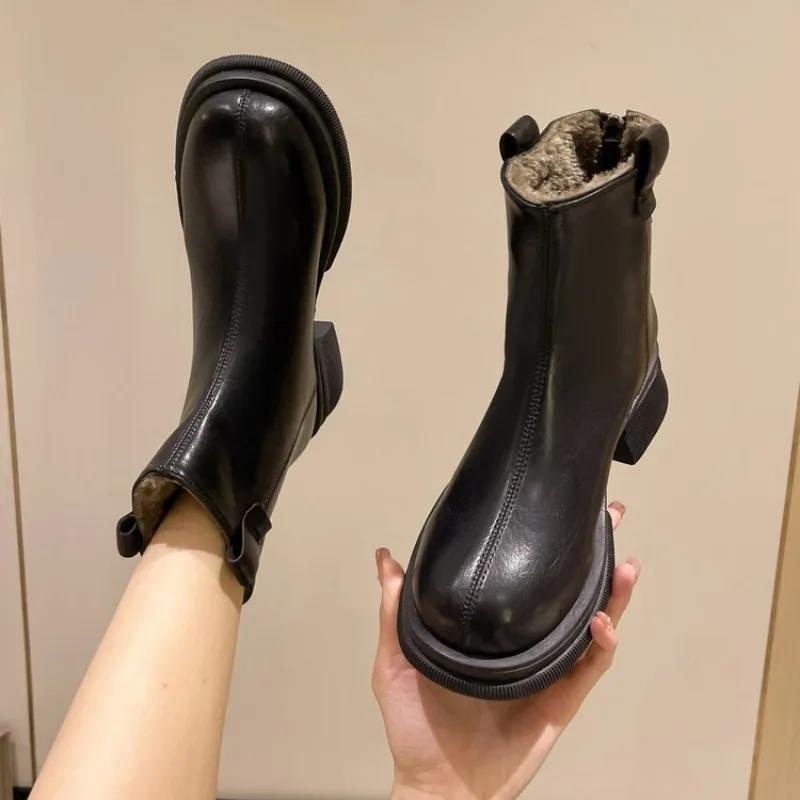 New Women Ankle Boots Fashion Female Square Heel Low-Heel Shoes Lady Boots Leather Woman Low-heel Keep Warm Ankle Boots
