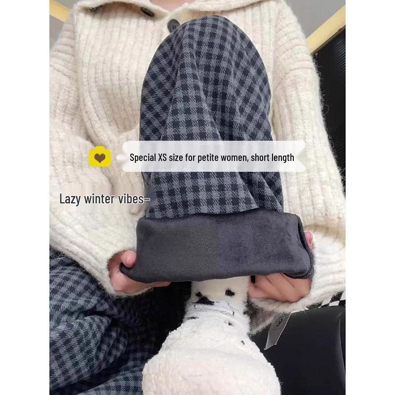 Women's Retro Wool & Velvet Plaid Wide-Leg Pants - Loose, Straight-Leg, for Autumn & Winter