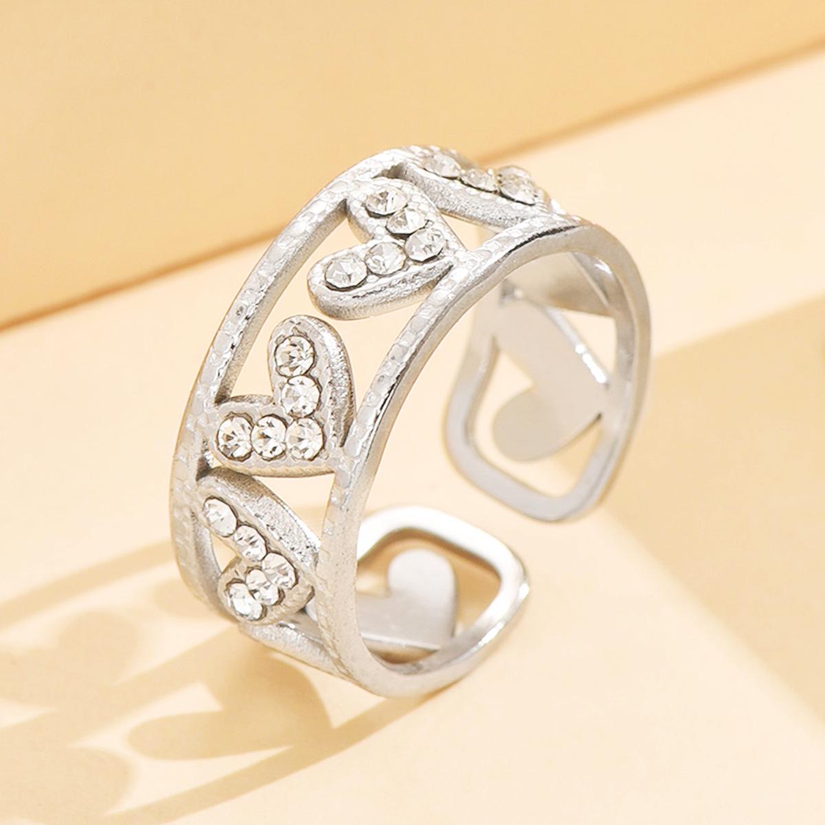 Versatile Rhinestone Hollow Heart Stainless Steel Ring, 18K Gold-Plated Jewelry for Women