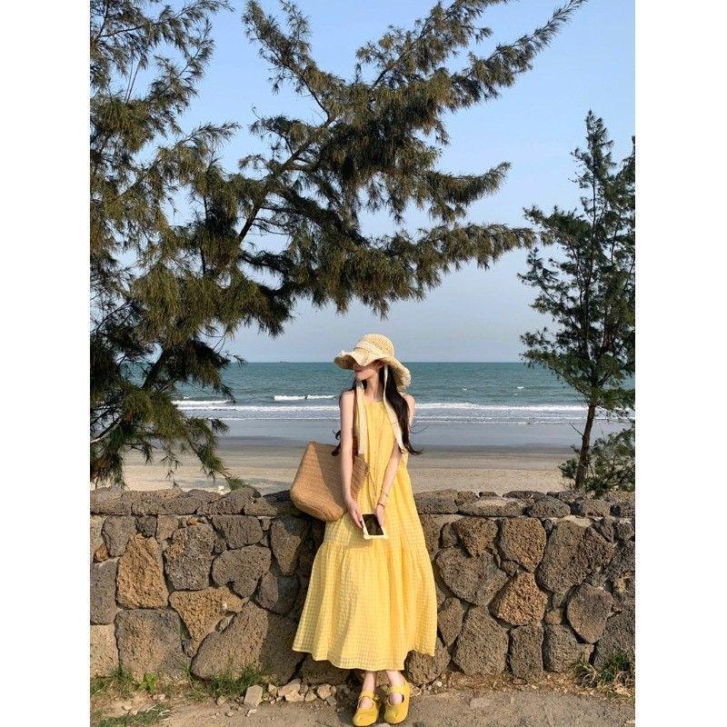 Women s Yellow Sleeveless French Vest Dress - New Arrival 2026 Summer Resort Style L