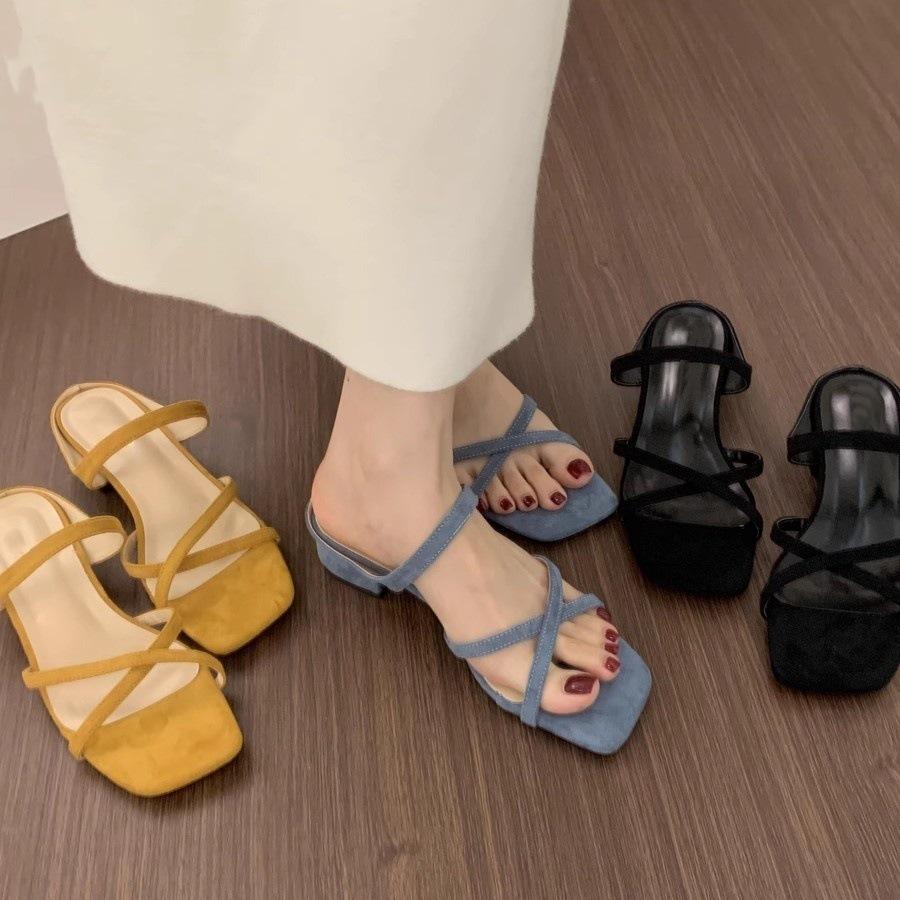 French fairy wind cross with open-toed square slippers female summer wear beautiful 3cm small thick heel suede cool slippers