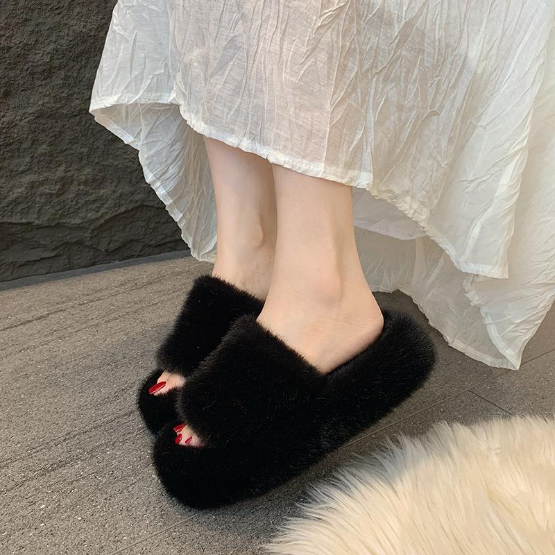 Versatile thick-soled fluffy slippers for women's outer wear 2025 autumn new high-end fashion plush one-word cotton slippers