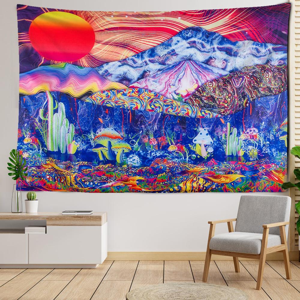 Psychedelická kaktusová tapiserie nástěnná závěsná tropická deštná krajina čarodějnictví abstraktní dekorace do ložnice domova