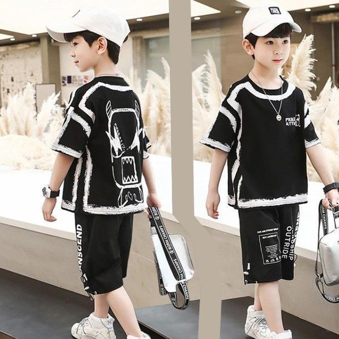 Summer School Kids Casual Boys Contrast Alphabet Graffiti T-Shirt Top+Shorts Pant Tracksuit Child 2 Pieces Srt