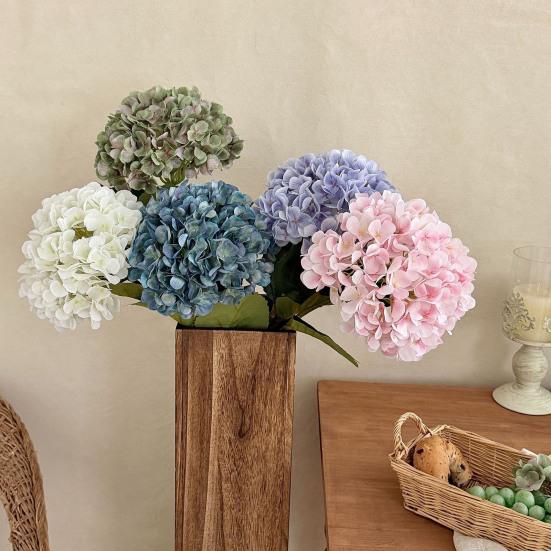 Kunstig Hortensia Blomst Realistisk Full Blomst Falsk Hortensia med Stengler Faux Silke Blomsterarrangement for Hjem Bryllup Fest Babyshower Bord