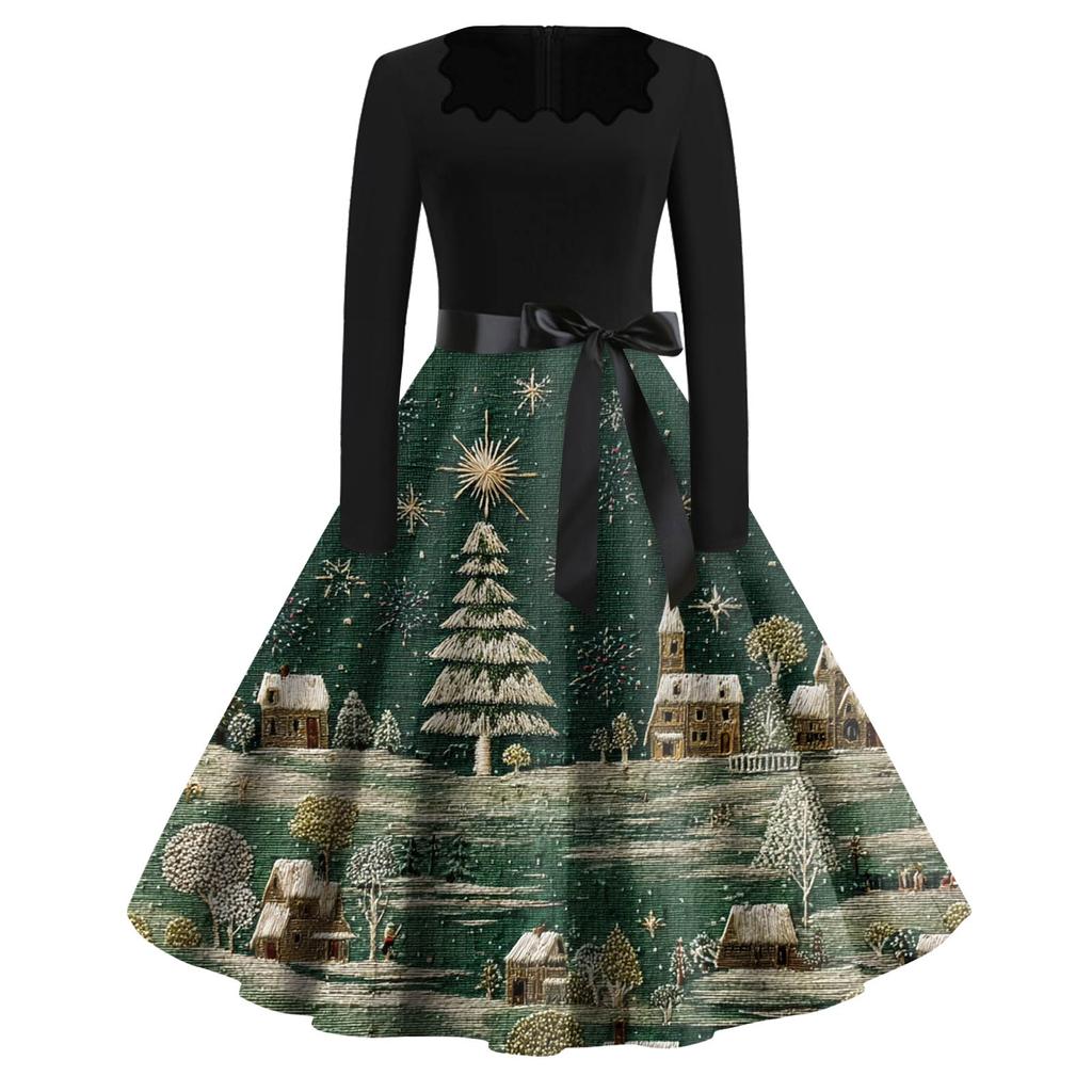Women's Fashion Round Neck Casual Slim Christmas Printed Long Sleeve Dresses