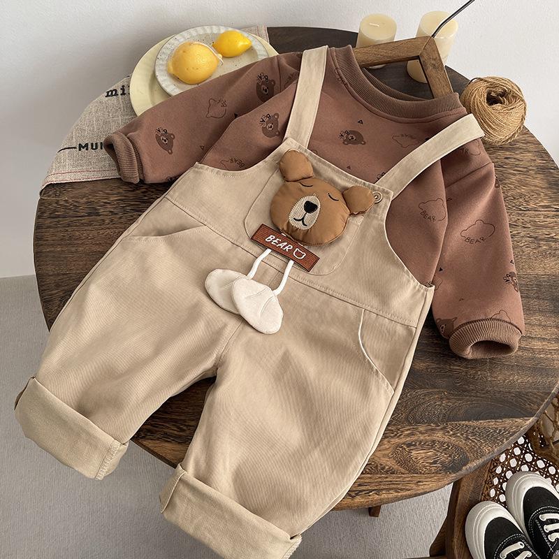 Spring Boys' Cartoon Overalls Set: Long-Sleeved, Two-Piece Infant & Toddler Outfit
