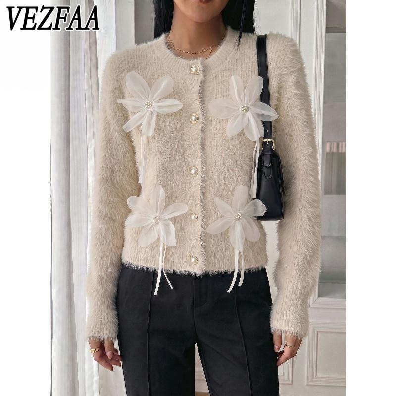 VEZFAA Women's Fashion Casual Fall Winter Flower Pattern Print Long Sleeve O-Neck Sweaters
