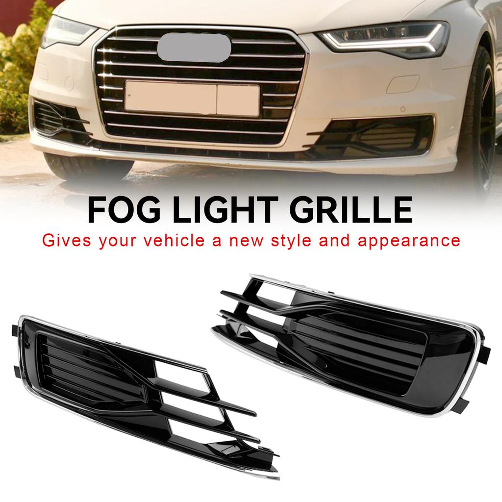 2PCS Front Bumper Foglight Cover Grill 4G0807647T94 4G0807648T94 Fit A6 C7 2014-2018 Black Chrome
