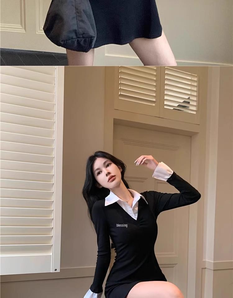 Korean Fashion Faux Two-Piece Shirt Dress – Chic Autumn/Winter Style with Unique Design and Short Skirt for Women