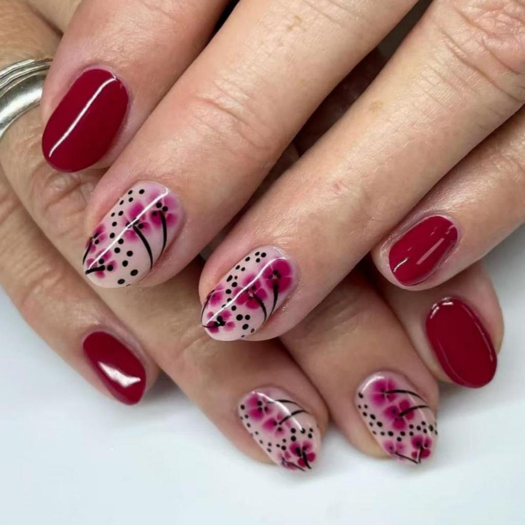 Cherry Blossom Wearable French False Nails - Removable Irregular Nail Art Patches