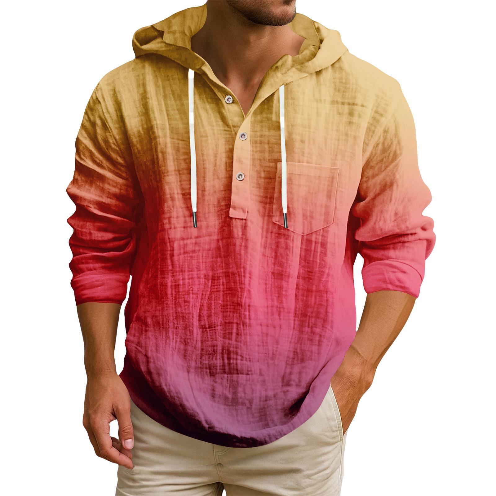 

Мужская футболка с капюшоном градиентного цвета из хлопка и льна, мужской повседневный топ с длинным рукавом L красный