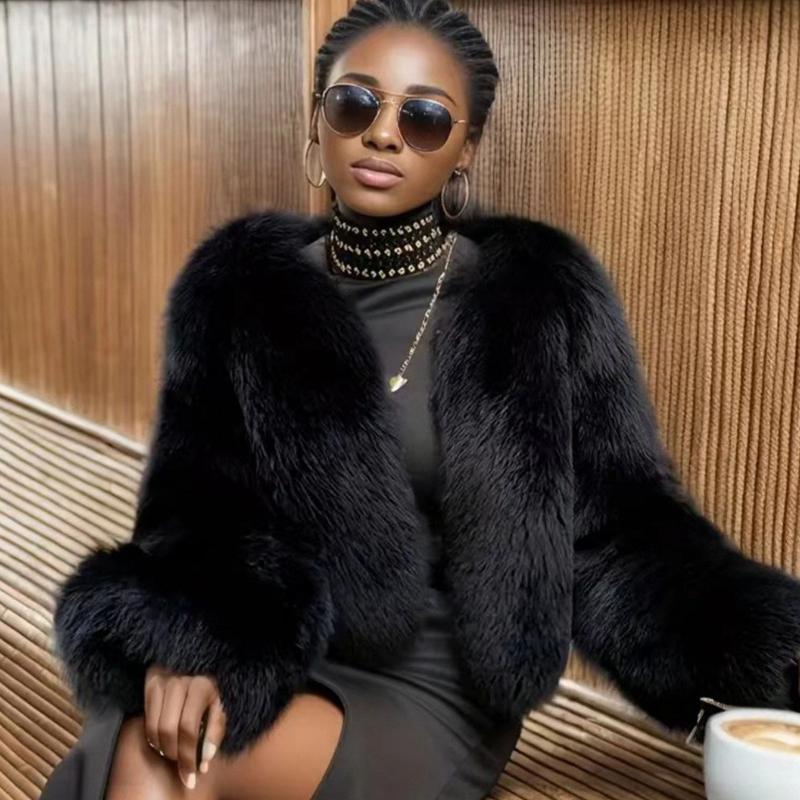 

Пальто из искусственного лисьего меха Зимняя женская куртка для улицы для сохранения тепла Модное высококачественное пальто из искусственного лисьего меха Женская одежда M чёрный