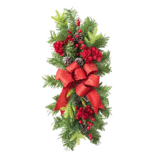 Christmas Stair Garland with Faux Snow Pine Cones Ribbon Realistic PVC Christmas Wreath for Indoor Decor Staircase Door Mantel Decoration