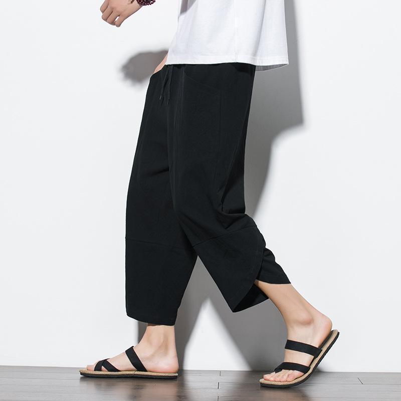 

Мужские повседневные брюки из хлопка и льна в китайском стиле, однотонные, мешковатые, с большим карманом, укороченные, свободного покроя, шаровары, мужские 5XL чёрный
