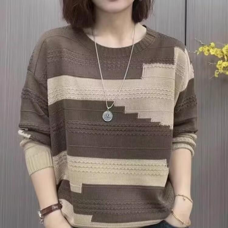 Retro Round Neck Color Matching Knitted Sweater Women's Spring and Autumn Live Broadcast Popular Fashion Casual Versatile Foreign Style Long-sleeved