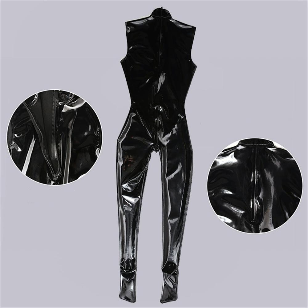 Sexy Men Elastic Pu Bodysuit Sleeveless Zipper Open Crotch Sexy Tights Pvc Latex Glossy Shiny Stage Dance Wear Plus Size