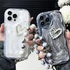 Rhinestone Pearl Love Mobile Phone Case For Iphone16Promax Bead Hand Chain Apple 17 Women