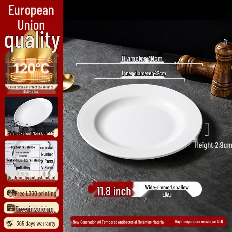 White Melamine Imitation Porcelain Plates: Commercial Round Flat Resin Tableware for Restaurants, Shallow Cold Dish or Rice Bowl Plates.