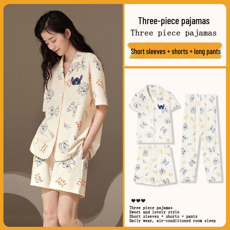 Summer Fashion Pajamas: Women's Short Sleeve Three-Piece Set with Cartoon Pacha Dog Design, Suitable for Home or Outdoors