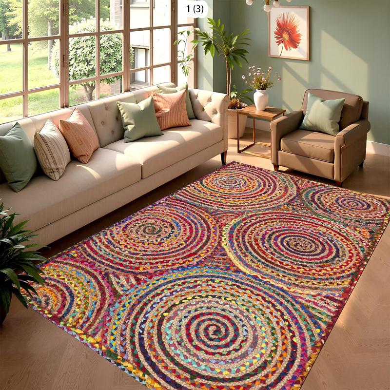 Tappeto Rotondo in Chindi Intrecciato a Mano per Soggiorno Colorato Boemo Cotone Tappeto Decorativo per Pavimento per Arredamento Casa Boho
