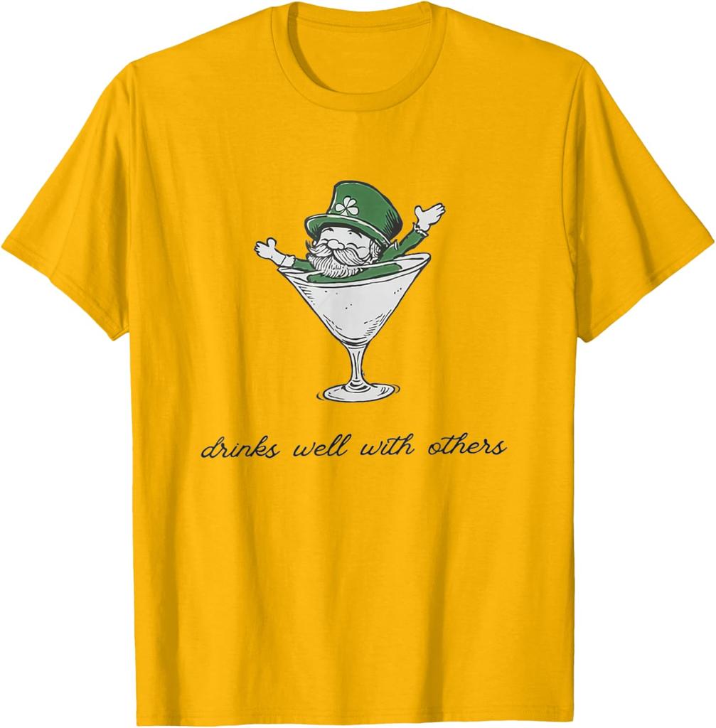 Leprechaun Martini Drinks Well With Others St Patrick's Day Graphic Tee Casual Cotton T-Shirt