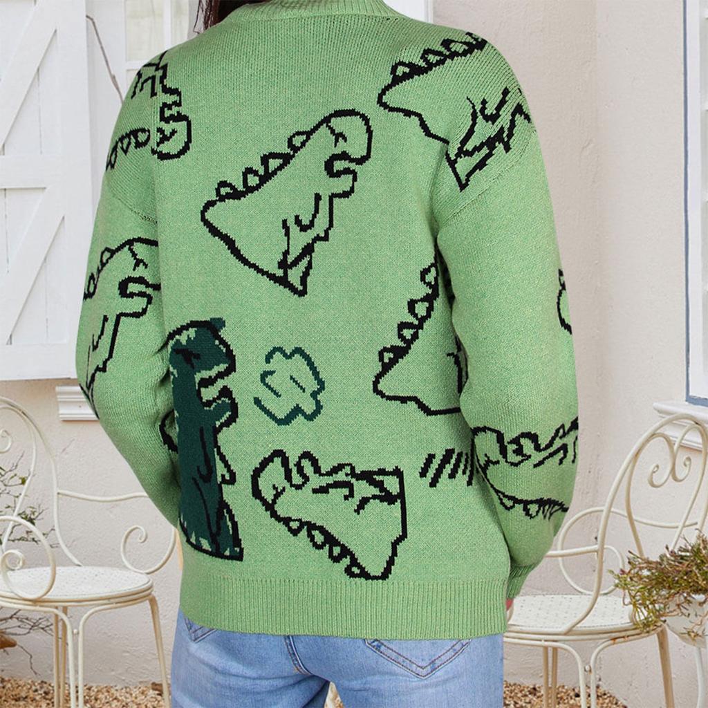 Women’s Dinosaur Knit Sweater O-Neck Cute Oversized Pullover Sweaters