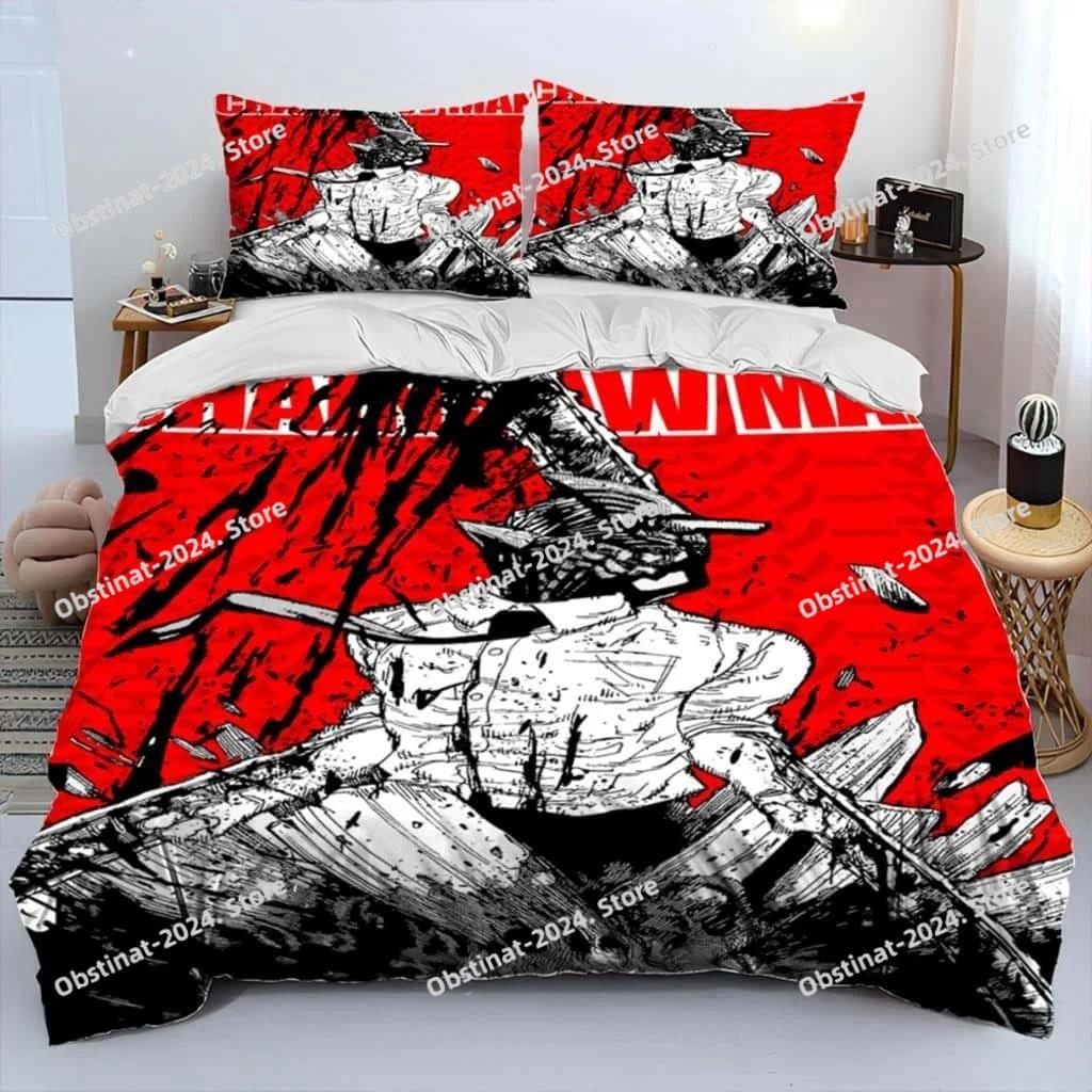 Juego de cama edredón de dibujos animados 3D Anime Chainsaw Man Denji, funda nórdica juego de cama funda de edredón funda de almohada, juego de cama tamaño king queen