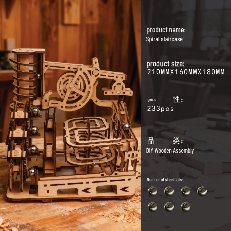 Dark Bear 3D Spiral Staircase Wooden Jigsaw Puzzle: Handmade DIY Educational Toy with Rolling Ball Model
