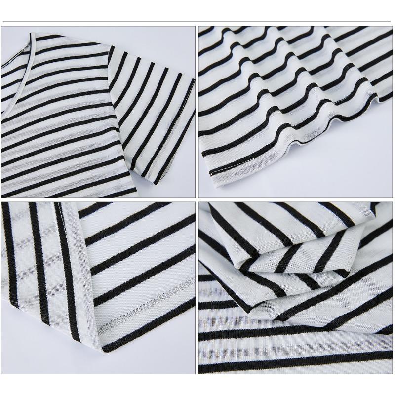 Women's Tencel Wool Naked Feel Fried Thin Skin-friendly Icy Loose T-shirt Summer Short-sleeved Black and White Striped Outerwear Tops