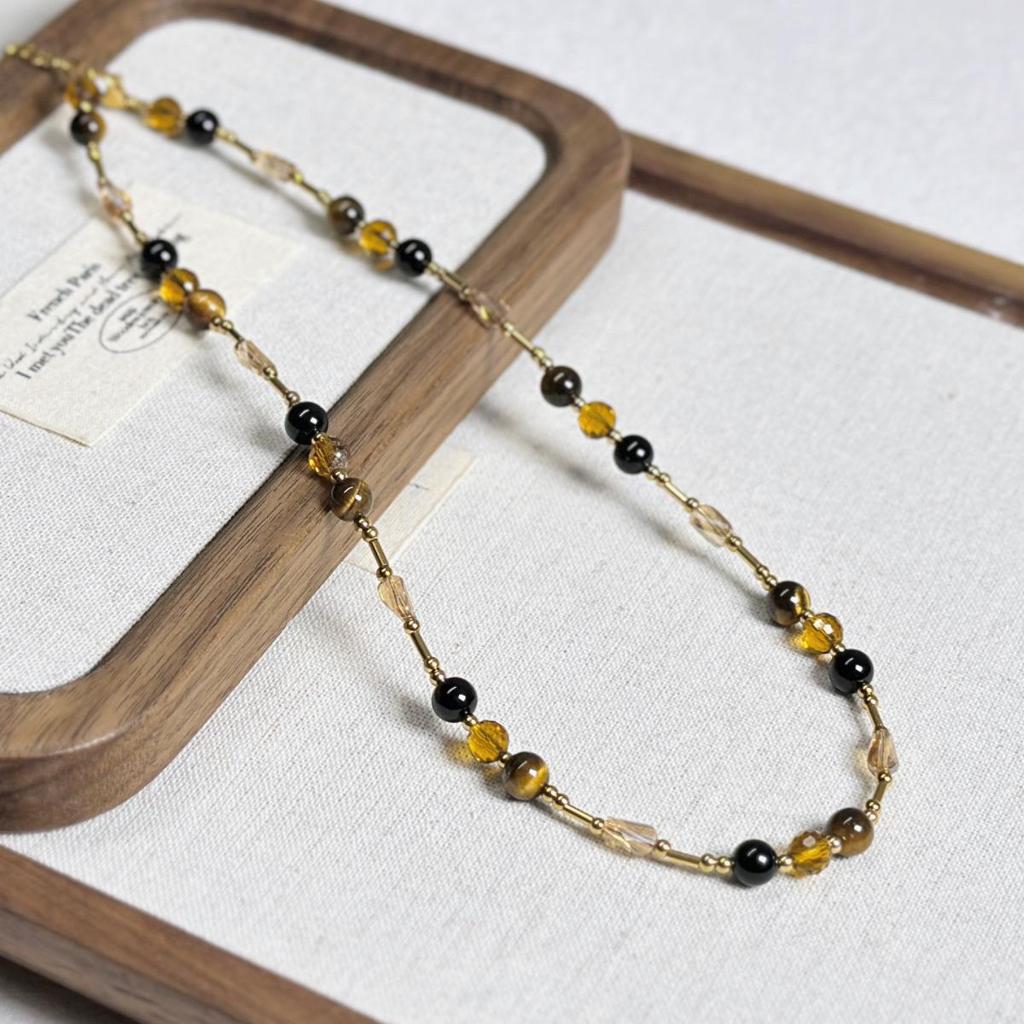 Maillard-Style Tiger Eye & Black Tourmaline Irregular Beaded Necklace for Women