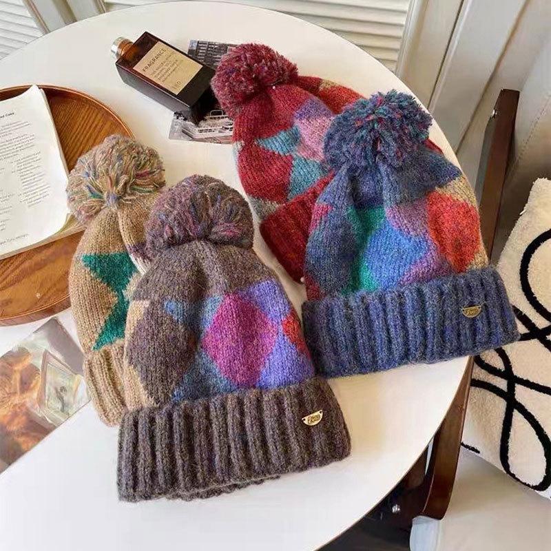 Wool Hat Women's Fashion Retro Versatile Color Rhombus Knitted Hat Autumn and Winter New Cold and Warm Hairball Hat