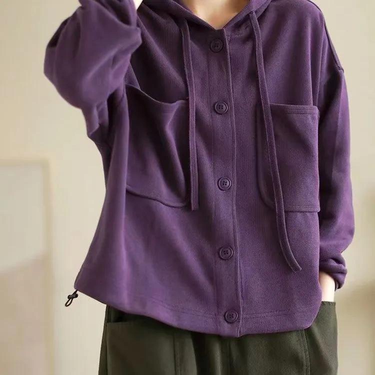 Women's Solid Color Jackets Autumn Spring Hooded Pockets Loose Cardigan Korean Fashion Lady Blouse Coat