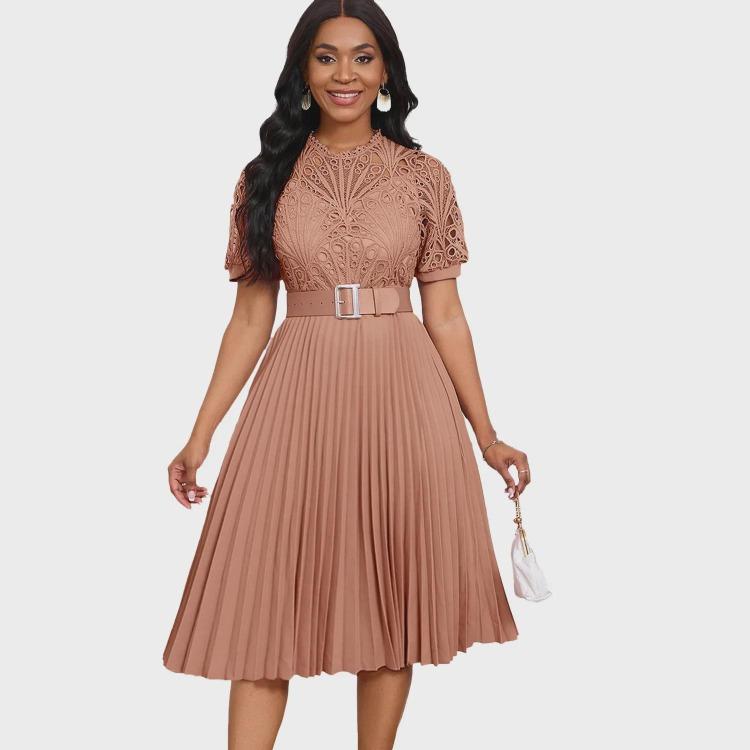 2024 European American Style Women Lace Pleated Short Sleeve Dress