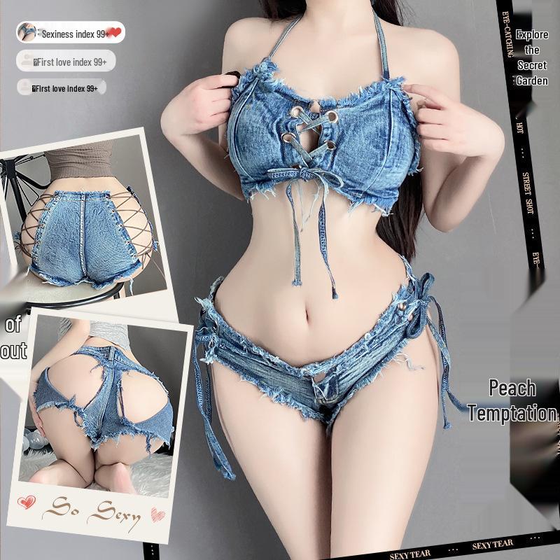 Ripped Denim Open-Crotch Shorts - Sexy Low-Waist Lingerie for Nightclub Temptation