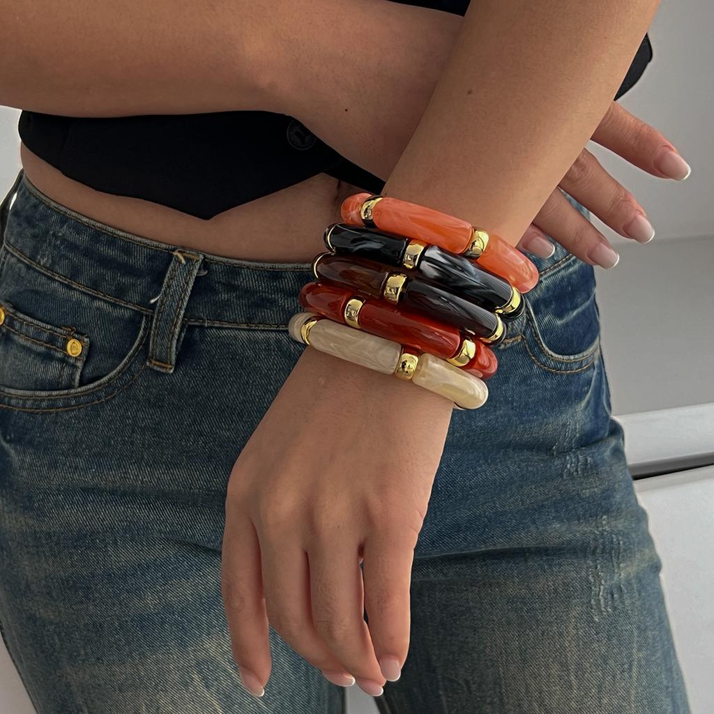 Fashion Light Luxury Style Beaded Bamboo Bracelet Set, Design Sense Metal Smooth Pipe Elbow Bracelet