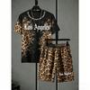 Fashion Men's Set Letter Leopard Printed Men's T-shirt and Shorts 2 Piece Set Summer Casual Outdoor Men's and Women's Outfit Clothing
