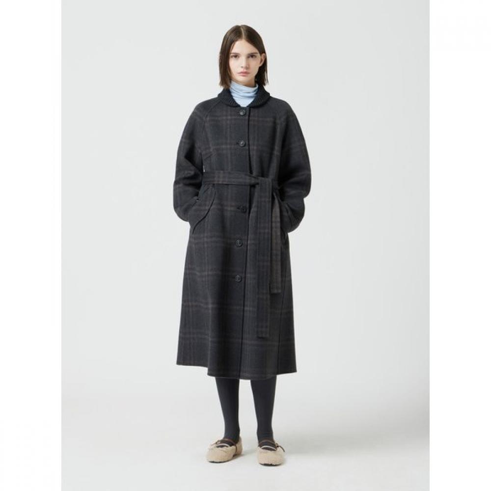Cc Collect. Women S Neck Knit Block Belted Check Long Coat c254mSg567 charcoal gray/55