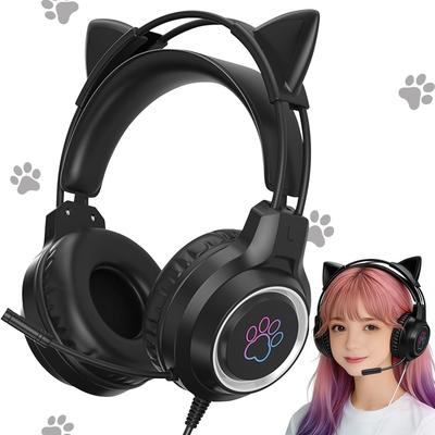 YIK TUNG Cat Ear Gaming Wired Headphones with 40mm RGB USB Soft Protective Excellent Sound Adjustable Cute Compatible with and Language New Japanese