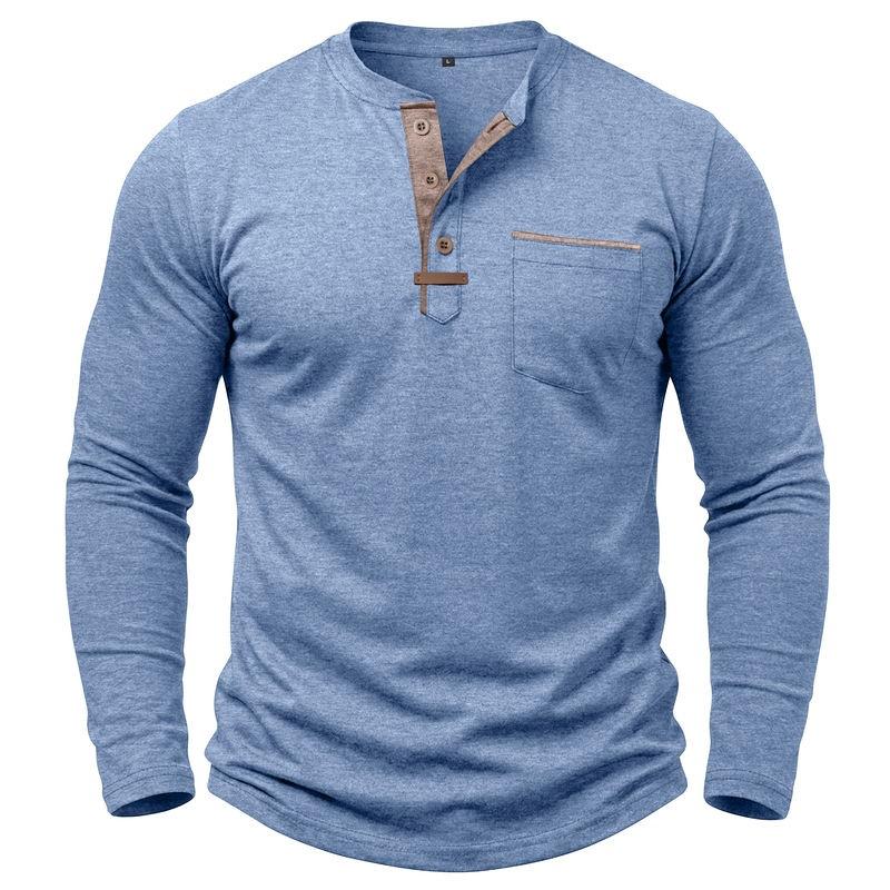 Autumn Winter Mens Henley Long Sleeve T-Shirt Contrast Collar Placket 3 Buttons Chest Pocket Soft Casual Daily Tops