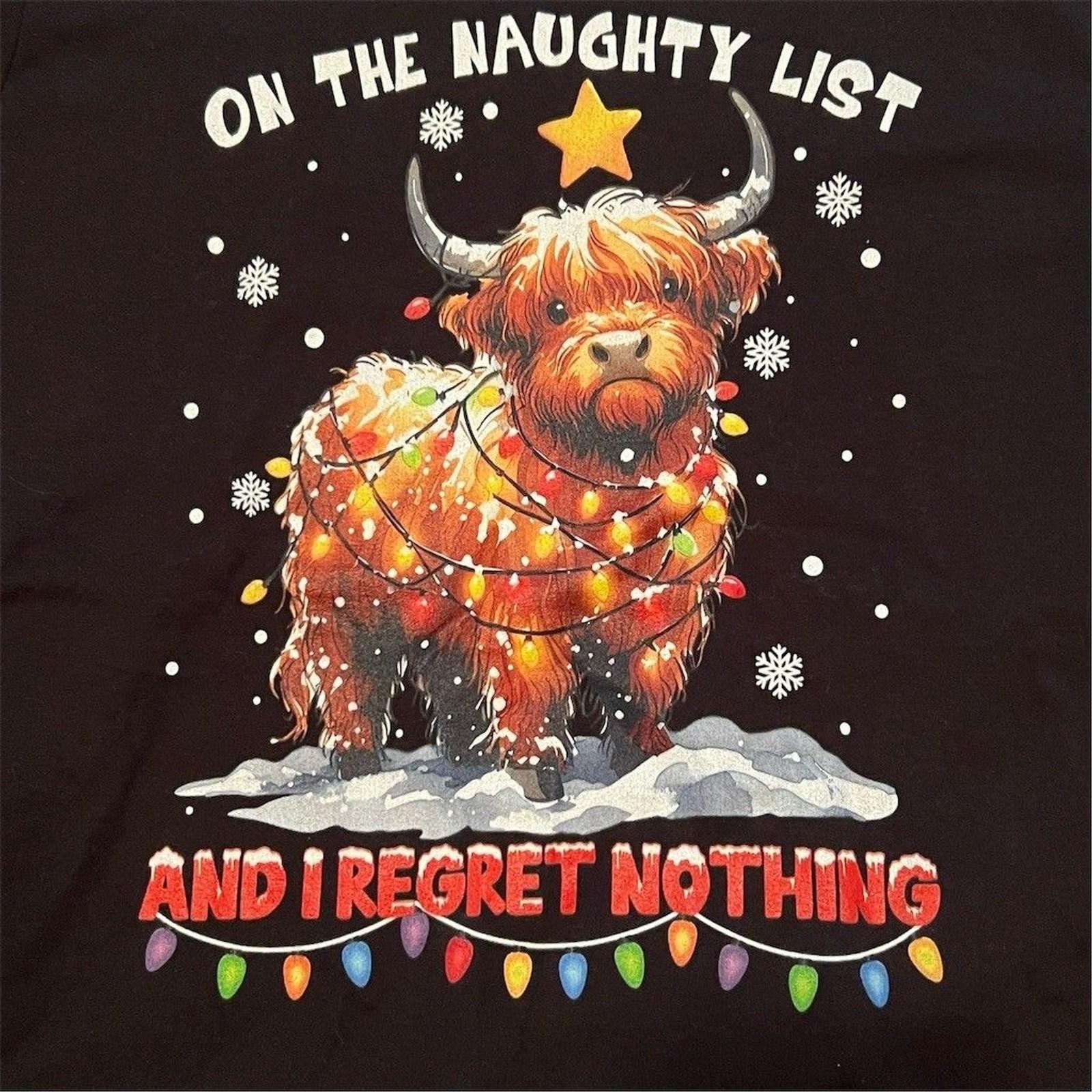 I m On The Naughty List T-Shirt Women L Black Christmas Highland Cow Graphic Tee 2XL