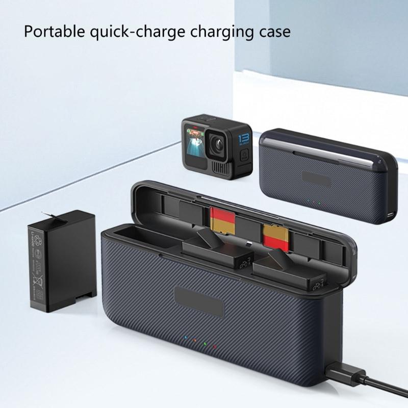 3 Channel Battery Charging Station for 13 Black Camera Power Management Quick Charge Storage Box with Card Slot