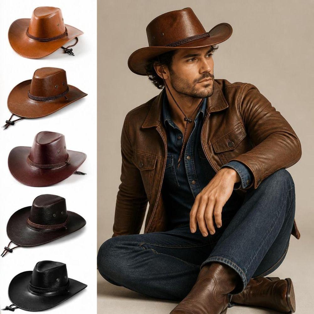 Faux Leather Fedora Sun Hat Wide Curved Brim Wide Brim Cap Vintage Cowgirl Hat  Outdoor Travel
